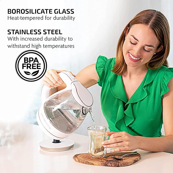Storioza 1.5L Electric Glass Kettle – Fast Boiling Water Boiler with Blue LED Indicator, Auto Shut-Off & Boil-Dry Protection, BPA-Free Cordless Tea & Coffee Kettle (White) - Image 2