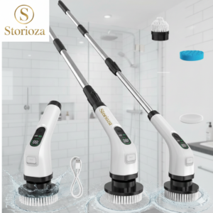 Storioza Electric Spin Scrubber - Cordless Power Scrubber with 8 Interchangeable Heads, Adjustable Extension Handle & LED Battery Display for Bathroom, Tile, and Floor Cleaning