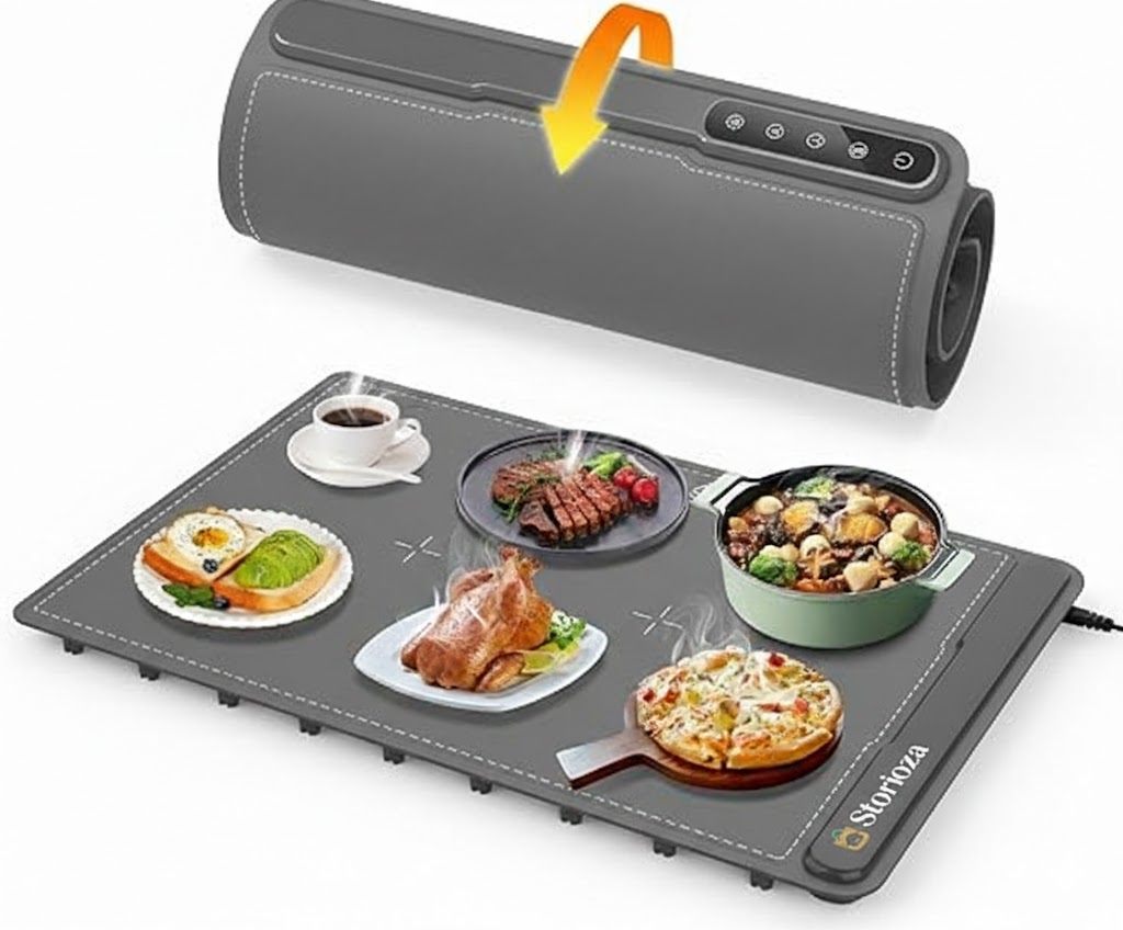 Storioza Silicone Electric Warming Mat for Food – Fast Heating, Rollable Portable Hot Plate with Adjustable Temperature, Grey