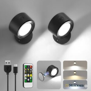 Storioza Magnetic LED Wall Sconces – Set of 2, Cordless Rechargeable Wall Light with Remote Control, 360° Rotation, Dimmable 3 Color Temperatures, Black
