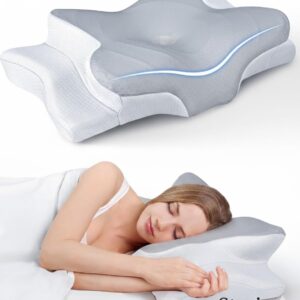 Storioza Cervical Memory Foam Pillow – Ergonomic Contour Design for Neck and Shoulder Pain Relief, Orthopedic Support for Side, Back, and Stomach Sleepers, White & Grey