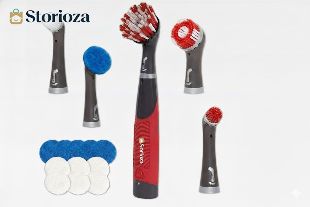 Storioza Electric Power Scrubber Kit - Cordless Handheld Cleaning Brush with 4 Interchangeable Heads & 9 Scrubbing Pads - Multi-Purpose Scrubber for Bathroom, Kitchen, Tile
