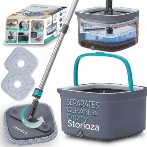 Storioza Spin Mop and Bucket System with Dirty Water Separation - Square Microfiber Flat Mop for Floor Cleaning - Includes 2 Washable Mop Pads