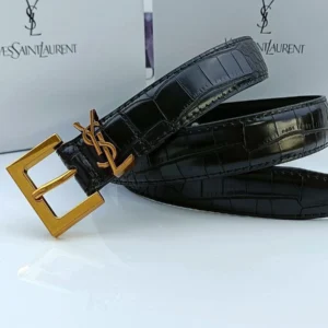 YSL Saint Laurent Belt Black Croc Embossed Leather Gold Logo Size M & L