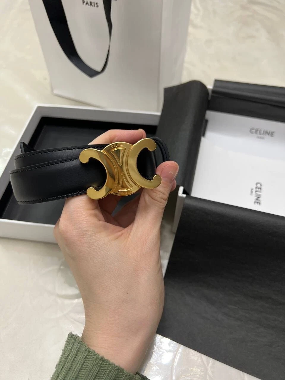 Celine medium triomphe belt in taurillon leather black