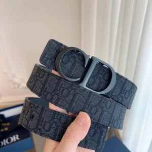 Dior Men's Black Oblique Jacquard Canvas Belt Icon Monogram Black CD Buckle 35mm